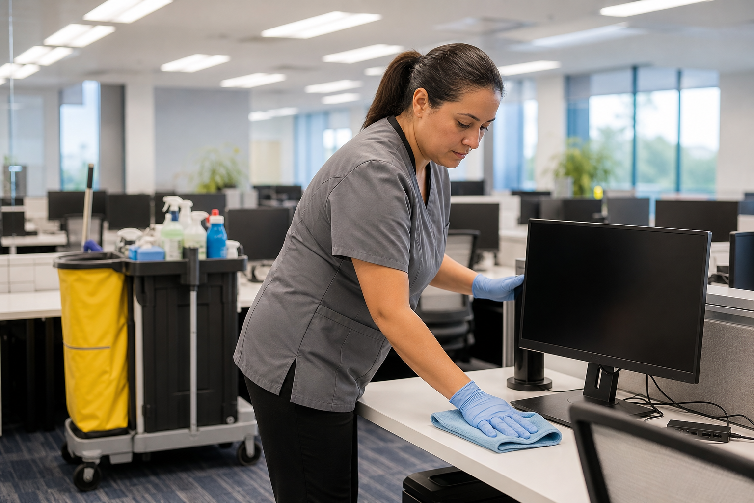 Janitorial staff cleaning desks and workstations in a US office