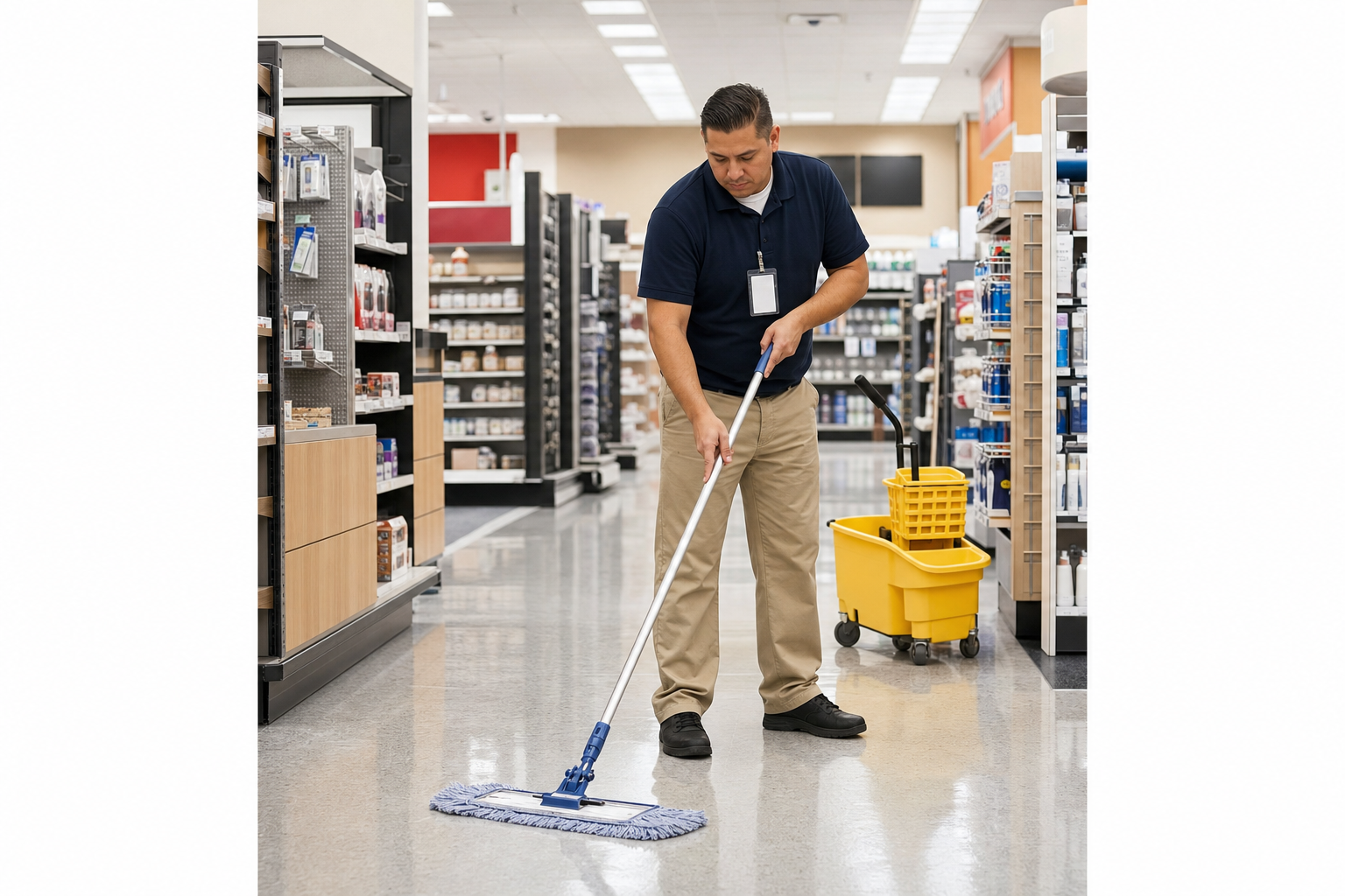Cleaning crew maintaining aisles and sales floor in a US retail store