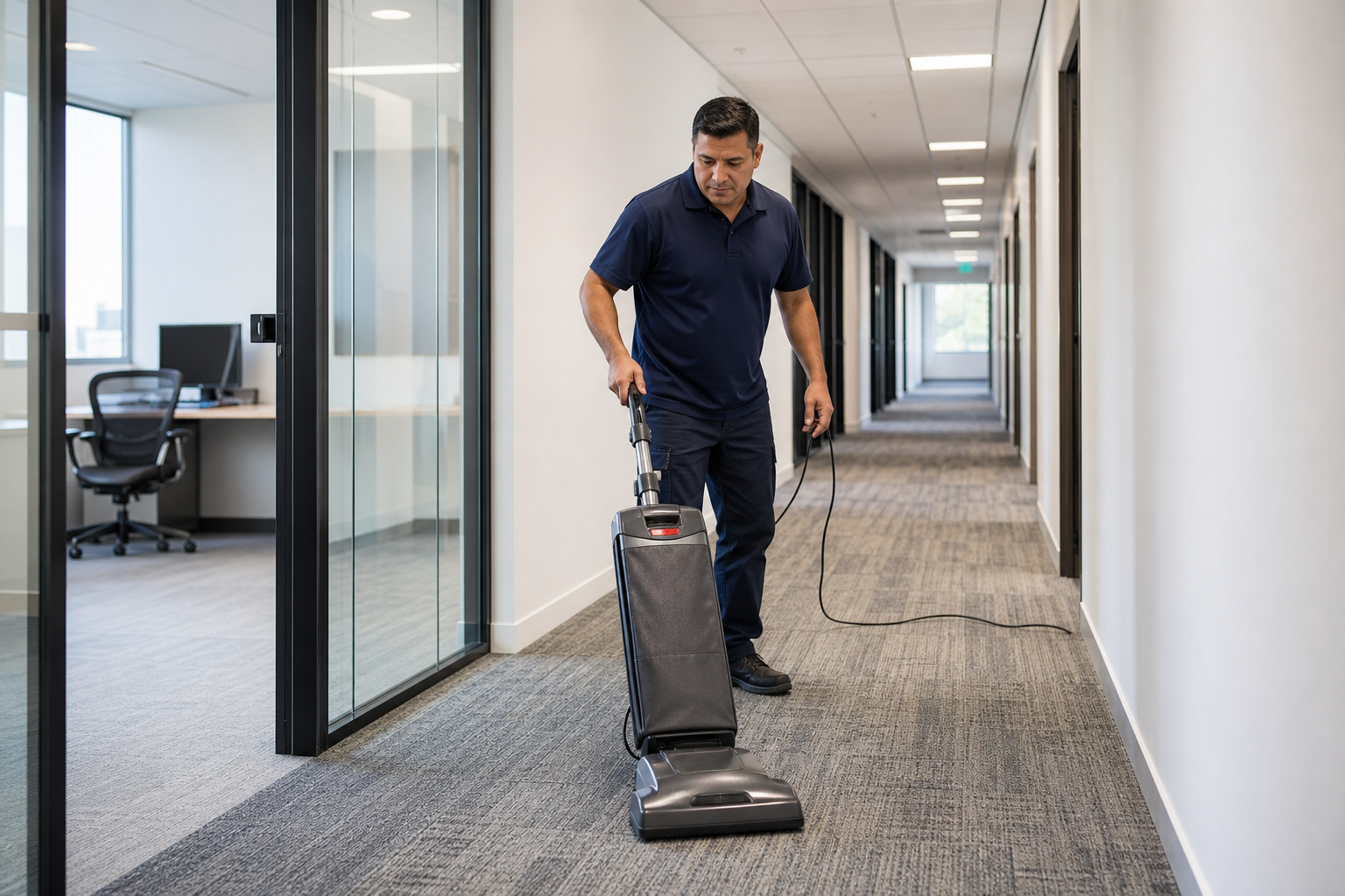 Professional using commercial vacuum on carpeted office flooring